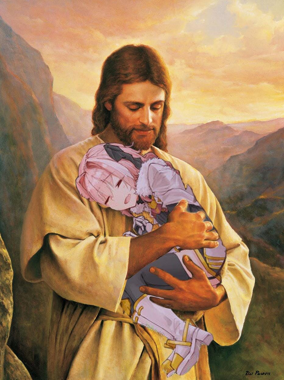 This is a picture of Jesus hugging Astolfo.